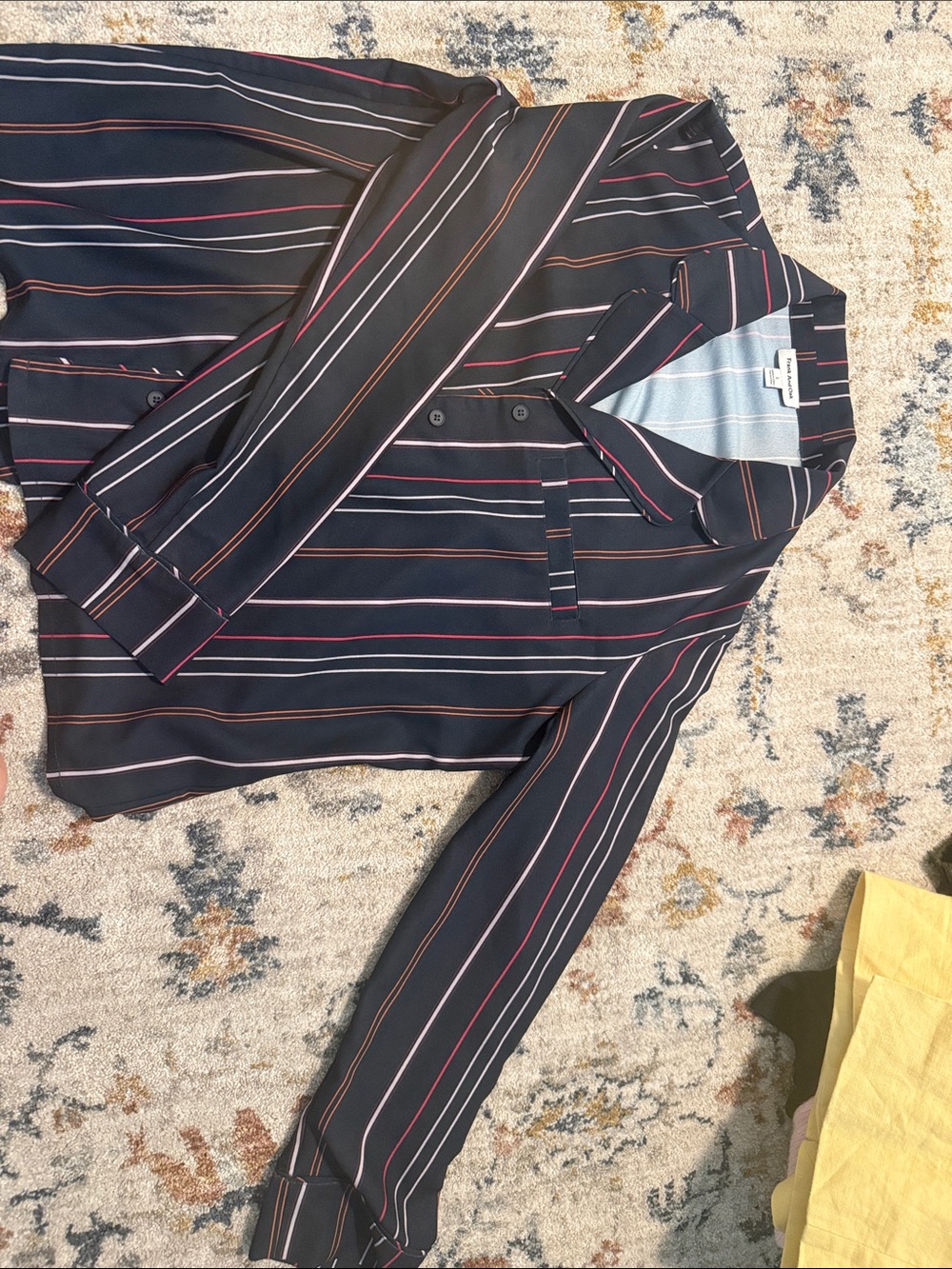Frank & Oak Navy Blouse with Pink and White Stripes